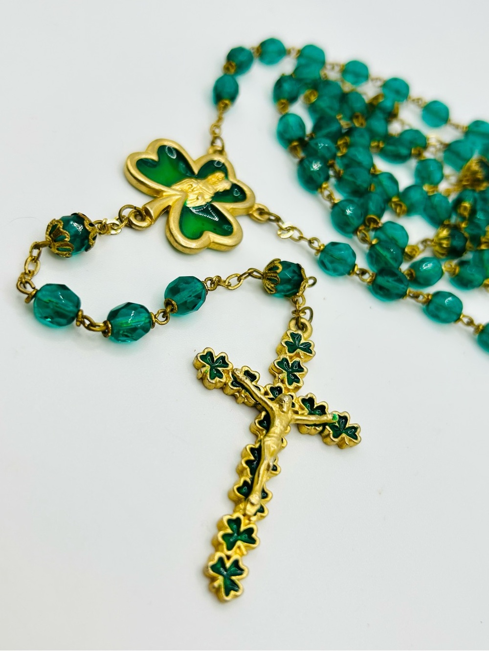 Vintage Irish Rosary w St Patrick Medal, Crystal Beads & Gold Shamrock Crucifix